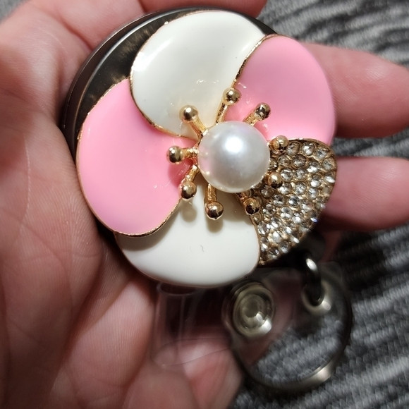NEW Flower Pink White Enamel Rhinestone Badge Name Tag ID Clip Nurse Medical Job - Picture 10 of 11